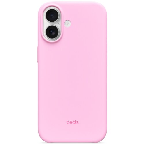 Różowe etui na telefon z dwoma otworami na obiektywy aparatu i jednym na lampę błyskową, z widocznym napisem "beats" na dole.
