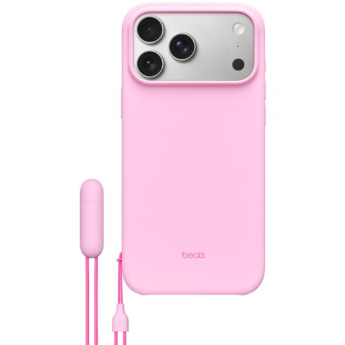 Różowe etui na telefon z trzema wycięciami na aparaty i napisem "beats" na dole. Obok etui znajduje się różowy uchwyt z przymocowanym sznurkiem.