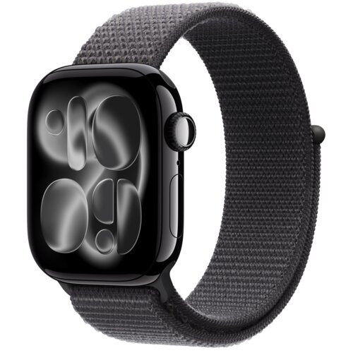 Ciemnoszary pasek do zegarka Apple Watch, wykonany z teksturowanego materiału, jest przymocowany do koperty zegarka. Na ekranie zegarka widoczne są abstrakcyjne, czarno-szare wzory.