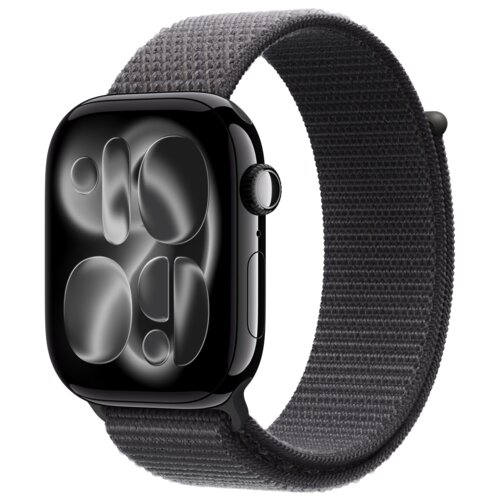 Ciemnoszary pasek do zegarka Apple Watch o rozmiarze 44/45/46/49mm S/M, wykonany z materiału o teksturowanej powierzchni. Zegarek ma czarną kopertę z wyświetlaczem pokazującym abstrakcyjne wzory.