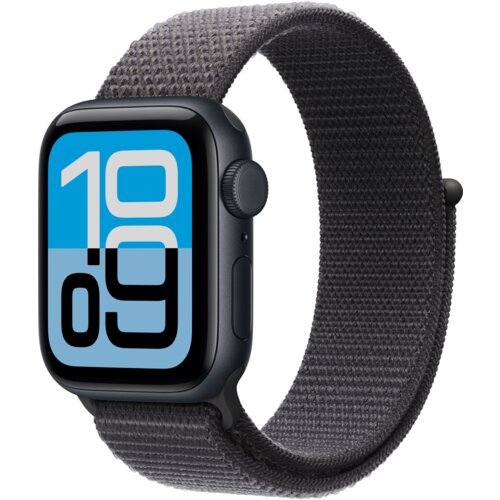Ciemnoszary pasek do zegarka Apple Watch o rozmiarze 38/40/41 mm, z wyraźnie widoczną teksturą materiału. Na ekranie zegarka wyświetlana jest godzina 10:09 na niebiesko-czarnym tle.