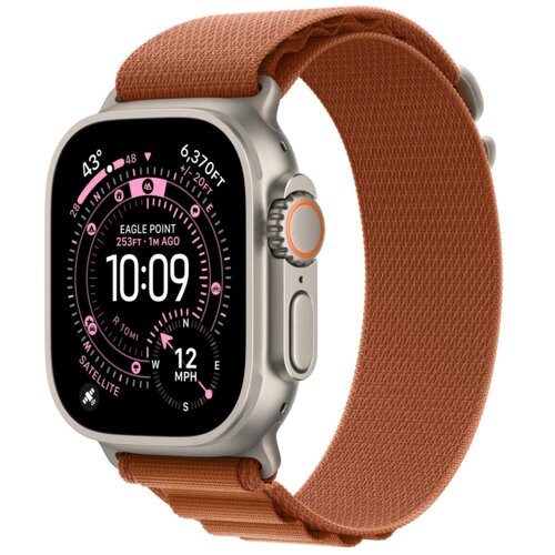 Smartwatch z terakotowym paskiem, na ekranie widoczny jest kompas z oznaczeniami kierunków oraz informacja: "EAGLE POINT 253FT 1M AGO", czas 10:09 i prędkość 12 MPH.