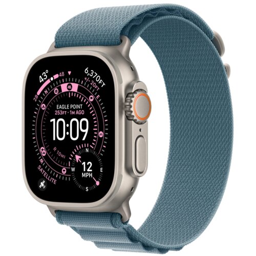 Jasnoniebieski pasek do zegarka Apple Watch jest przymocowany do zegarka z wyświetlaczem pokazującym tarczę z informacjami: "EAGLE POINT 253FT - 1M AGO", "10:09", "12 MPH", "SATELLITE". Zegarek ma metalową obudowę z widocznym przyciskiem i pokrętłem.