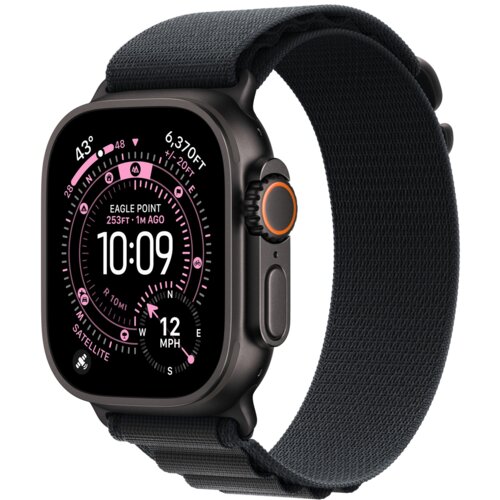 Smartwatch z czarnym, tytanowym paskiem, wyświetlający na ekranie informacje takie jak czas 10:09, wysokość 6,370 FT, lokalizację "Eagle Point" oraz prędkość 12 MPH. Tarcza zegarka ma różowe akcenty i zawiera dodatkowe wskaźniki oraz przyciski z boku obud
