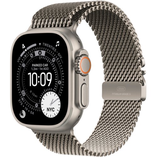 Na zdjęciu widoczny jest smartwatch z metalową bransoletą o plecionym wzorze, z wyświetlaczem pokazującym godzinę 10:09 oraz napis "PARKED CAR 1.3MI • 1M AGO". Na zapięciu bransolety znajduje się napis "49MM TITANIUM GRADE 5".