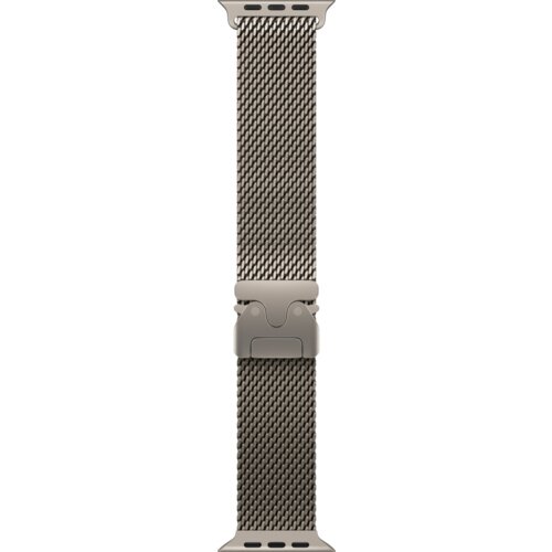 Bransoleta mediolańska do zegarka, wykonana z metalowej siatki w naturalnym kolorze, z zapięciem i mocowaniami do koperty zegarka. Produkt przeznaczony do Apple Watch o rozmiarach 44/45/46/49 mm.