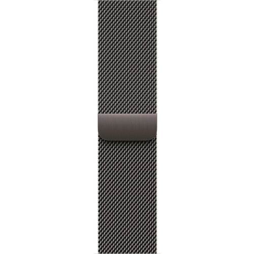 Bransoleta mediolańska do Apple Watch w kolorze łupkowym, wykonana z drobnej, plecionej siatki metalowej, z widocznym zapięciem. Produkt przeznaczony do zegarków o rozmiarach 38-40-41-42 mm.