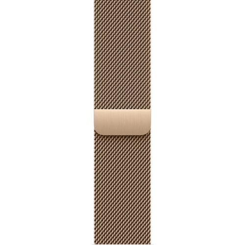 Złota bransoleta mediolańska do zegarka, wykonana z drobnej, plecionej siatki metalowej, z prostokątnym zapięciem o gładkiej powierzchni. Produkt przeznaczony do Apple Watch o rozmiarach 44/45/46/49 mm, w rozmiarze S/M.