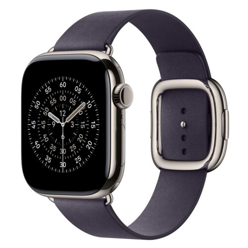 Ciemnofioletowy pasek do zegarka Apple Watch z nowoczesnym zapięciem, przeznaczony dla modeli 38/40/41/42 mm. Zegarek ma okrągłą tarczę z białymi oznaczeniami godzin i minut na czarnym tle.