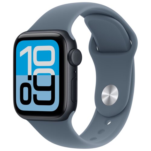 Na zdjęciu widoczny jest smartwatch z granatowym paskiem, na którego ekranie wyświetlana jest godzina "10:09" w dużych, niebiesko-czarnych cyfrach. Pasek ma metalowe zapięcie, a obudowa zegarka jest ciemna.