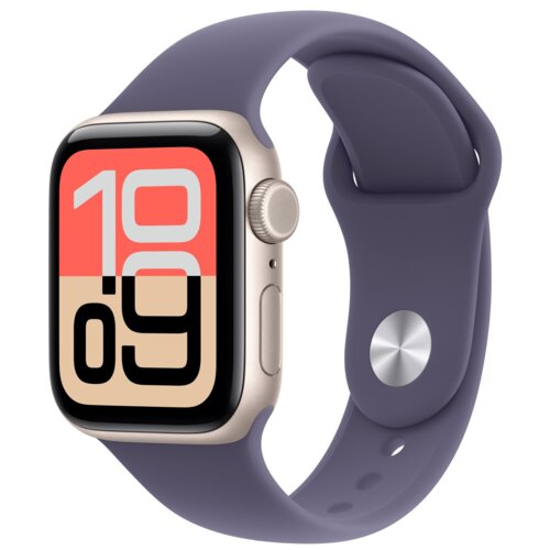 Smartwatch z prostokątnym wyświetlaczem, na którym widoczna jest duża, kolorowa tarcza z cyframi "10:09". Pasek zegarka jest w kolorze mlecznego fioletu, z metalowym zapięciem.