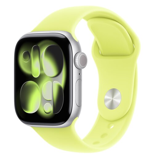 Neonowo żółty pasek do zegarka Apple Watch jest przymocowany do srebrnej koperty zegarka, na której wyświetlacz pokazuje abstrakcyjny wzór w odcieniach zieleni i czerni. Pasek ma metalowe zapięcie i otwory regulacyjne.