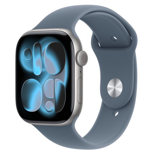 Smartwatch z granatowym paskiem, wyświetlający abstrakcyjny wzór z niebieskimi i czarnymi elementami na ekranie. Obudowa zegarka jest metaliczna, a pasek ma zapięcie z metalowym elementem.