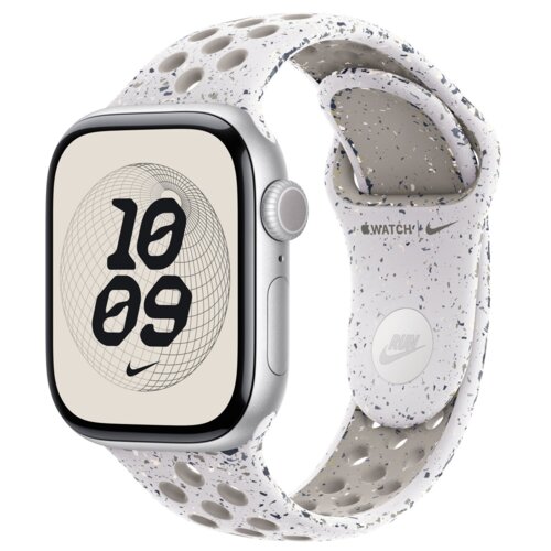 Szary pasek do zegarka z perforacjami i ciemnymi plamkami, z widocznymi napisami "WATCH" i logo "Nike". Na ekranie zegarka widoczny jest duży, czarny napis "10:09" na tle geometrycznego wzoru.
