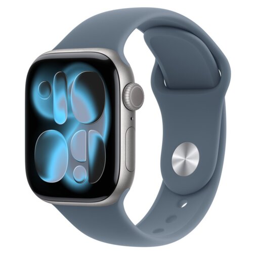 Smartwatch z granatowym paskiem, wyświetlający abstrakcyjny wzór z niebieskimi i czarnymi kształtami na ekranie. Pasek ma metalowe zapięcie z okrągłym przyciskiem.