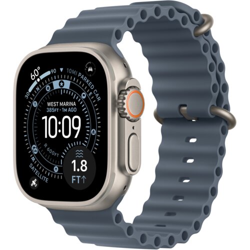 Smartwatch z granatowym paskiem o falistej strukturze, wyświetlający na ekranie informacje takie jak "WEST MARINA 385FT - 1M AGO", "10:09", "1.8 FT" oraz ikonki związane z lokalizacją i pogodą. Obudowa zegarka jest metaliczna, z widocznym przyciskiem i po