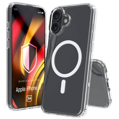 Przezroczyste etui na telefon z widocznym okrągłym wzorem i pionową linią, obok telefonu z kolorowym ekranem, na którym widnieje napis: "DEDICATED TO: Apple iPhone 17" oraz logo "3mk".