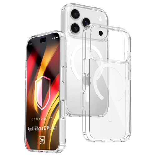 Przezroczyste etui 3MK Hardy LiqForce MagCase do Apple iPhone 17 Pro Max jest pokazane z przodu i z tyłu, z widocznym logo 3MK na ekranie telefonu. Na ekranie telefonu widnieje napis: "DEDICATED TO: Apple iPhone 17 Pro Max".