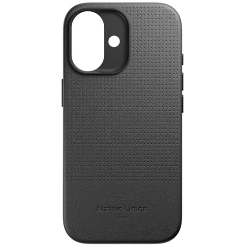 Czarne etui z teksturą, z dużym otworem na aparat w górnej części. Na dole widoczny jest napis "Native Union PARIS".