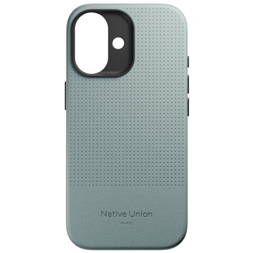 Zielone etui z teksturą w drobne kropki, z dużym otworem na aparat i mniejszym na lampę błyskową. Na dole widoczny jest napis "Native Union PARIS".