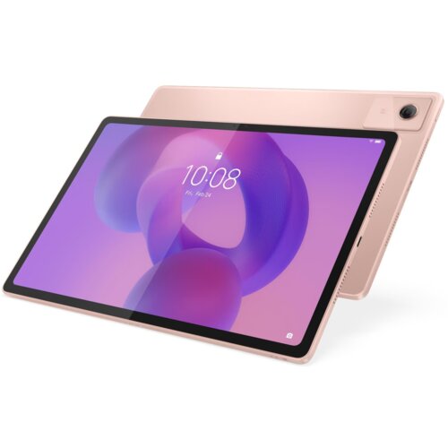 Na zdjęciu widoczny jest różowy tablet z dużym ekranem, na którym wyświetlana jest godzina 10:08 oraz data "Fri, Feb 24". W tle widać tylną część urządzenia z aparatem w rogu.