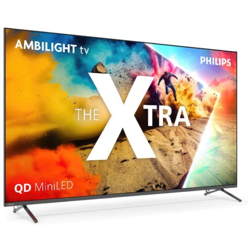 Telewizor z dużym ekranem wyświetla kolorową grafikę z napisem "THE XTRA" oraz "AMBILIGHT tv" i "PHILIPS" w górnych rogach. W lewym dolnym rogu widnieje napis "QD MiniLED".