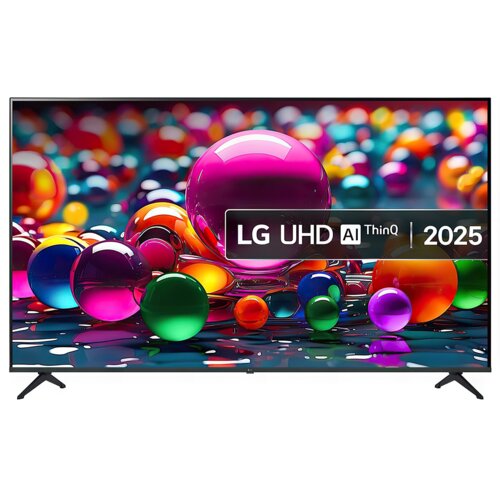 Telewizor z kolorowym wyświetlaczem przedstawiającym różnobarwne kule, z widocznym napisem "LG UHD AI ThinQ 2025". Produkt to "Telewizor LG 75UA75006LA 75" LED 4K WebOS Dolby Atmos HDMI 2.1".