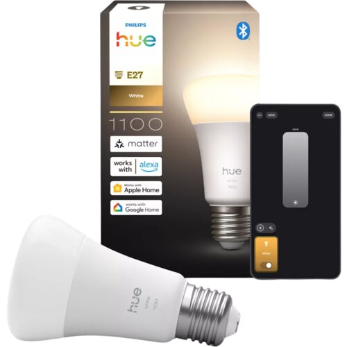 Opakowanie inteligentnej żarówki LED z napisem "PHILIPS hue E27 White 1100" oraz ikonami wskazującymi kompatybilność z "matter", "Alexa", "Apple Home" i "Google Home". Obok opakowania znajduje się żarówka oraz ilustracja aplikacji do sterowania jasnością 