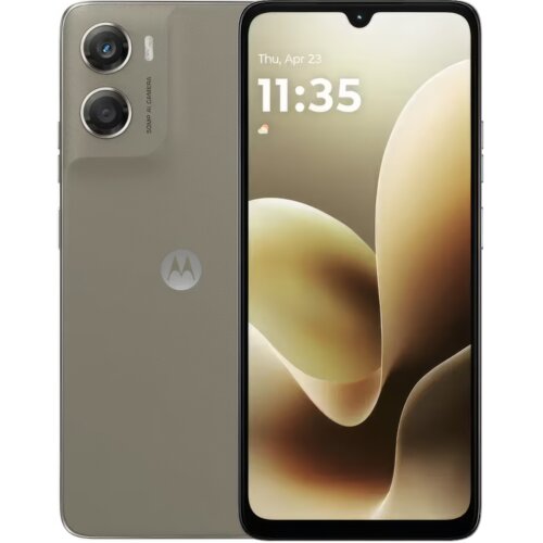 Smartfon w kolorze oliwkowym z wyświetlaczem pokazującym godzinę 11:35 i datę Thu, Apr 23, z widocznym logo Motorola na tylnej obudowie oraz dwoma aparatami fotograficznymi z oznaczeniem "50 MP CAMERA".