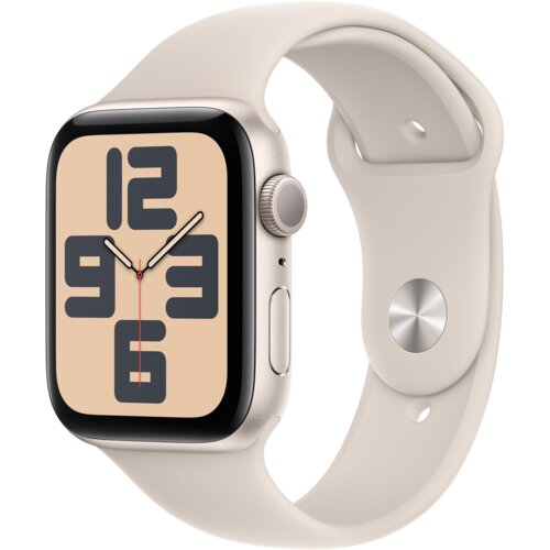 Smartwatch z aluminiową kopertą w kolorze księżycowej poświaty i sportowym paskiem w tym samym odcieniu, wyświetla duże cyfry na beżowym tle. Tarcza zegarka pokazuje godziny 12, 3, 6 i 9 w ciemnym kolorze, a wskazówki są w kolorze jasnym z czerwoną sekund
