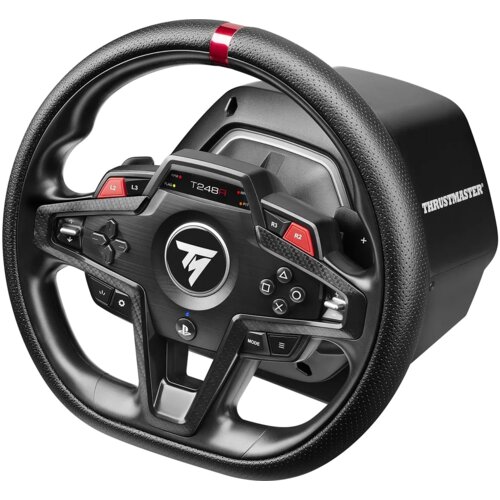 Czarna kierownica z czerwonymi i czarnymi przyciskami, z widocznym logo "THRUSTMASTER" oraz napisem "T248R" na centralnym panelu. Kierownica ma teksturowaną powierzchnię i wyświetlacz z oznaczeniami "L3", "R3", "R2", "L2", "PS", "MODE".