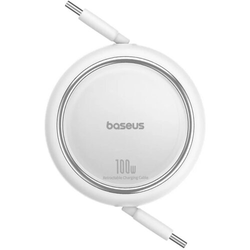Białe, okrągłe etui z logo "baseus" na środku, poniżej napis "100W Retractable Charging Cable". Z etui wychodzą dwa białe kable USB-C.