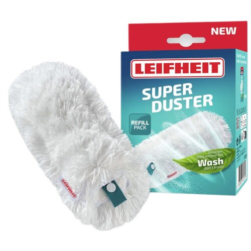 Na zdjęciu znajduje się biały wkład do miotełki z etykietą "LEIFHEIT" oraz opakowanie z napisem "LEIFHEIT SUPER DUSTER REFILL PACK". Na opakowaniu widnieje również napis "Wash don't trash" oraz oznaczenie "NEW".
