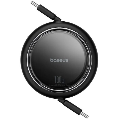 Czarny, okrągły zwijany kabel z logo "baseus" na środku oraz napisem "100W Retractable Charging Cable" poniżej. Kabel ma dwa złącza USB-C wystające z obudowy.