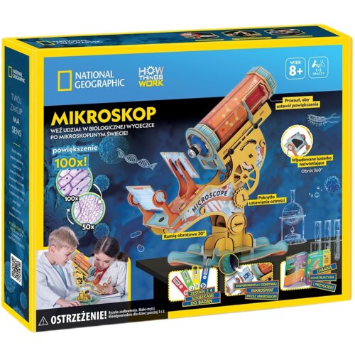 Na zdjęciu znajduje się opakowanie produktu "Puzzle 3D CUBIC FUN National Geographic Mikroskop 306-DS1127H" z kolorową grafiką przedstawiającą model mikroskopu oraz teksty: "MIKROSKOP", "Weź udział w biologicznej wycieczce po mikroskopijnym świecie!", "po