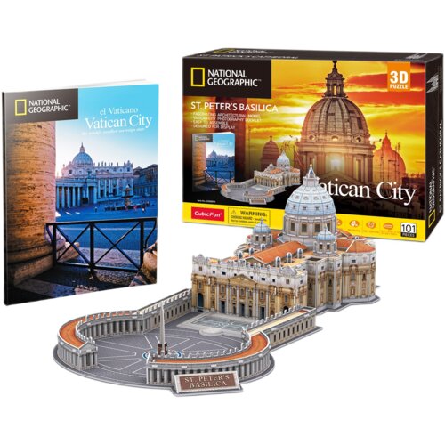 Na zdjęciu znajduje się zestaw puzzli 3D przedstawiający Bazylikę św. Piotra, opakowanie z napisem "National Geographic St. Peter's Basilica" oraz książka z okładką "el Vaticano Vatican City". Na pudełku widnieje informacja "101 pieces" oraz logo "CubicFu