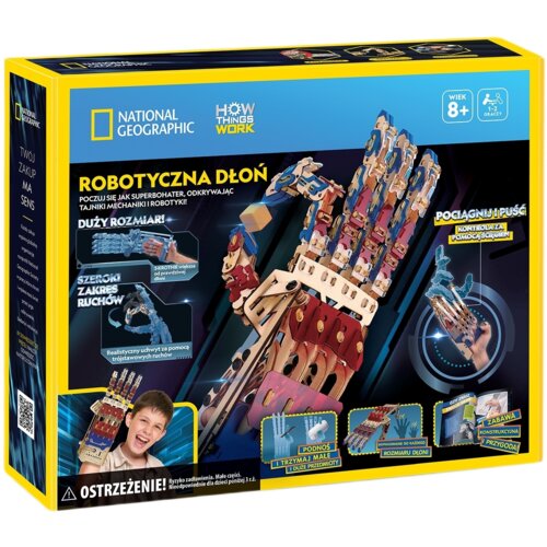 Opakowanie produktu "Puzzle 3D CUBIC FUN National Geographic Robotyczna Ręka 306-DS1133H" przedstawia kolorowy model ręki z elementami do złożenia, z napisem "ROBOTYCZNA DŁOŃ" oraz informacjami o funkcjach, takich jak "DUŻY ROZMIAR" i "SZEROKI ZAKRES RUCH