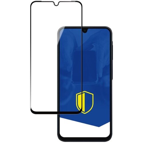 Na zdjęciu widoczne jest szkło hartowane z czarną ramką, przeznaczone do telefonu Samsung Galaxy A16 4G/5G/A17 4G/5G. W tle znajduje się telefon z niebieskim ekranem, na którym widoczna jest żółta tarcza.
