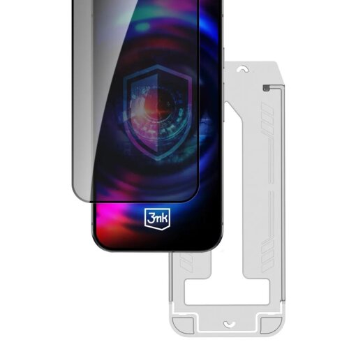 Na zdjęciu widoczne jest szkło ochronne na ekran telefonu z efektem prywatyzującym, z logo "3mk" na dole. W tle ekranu widoczny jest kolorowy wzór z motywem tarczy.
