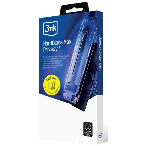 Opakowanie produktu "3mk HardGlass Max Privacy" przedstawia grafikę szkła ochronnego na telefon, z widocznym logo 3mk w lewym górnym rogu. Na opakowaniu znajduje się również żółty okrąg z napisem "Applicator for fast and easy installation" oraz oznaczenie