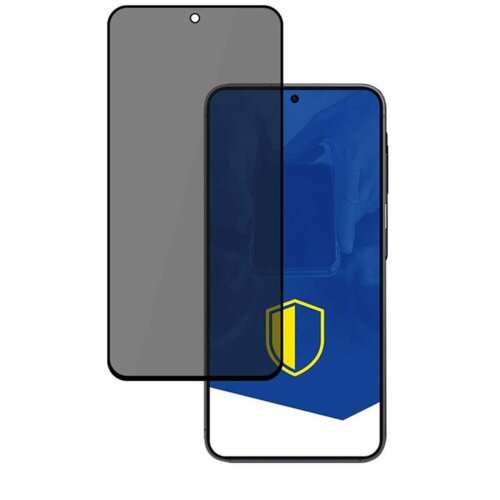 Na zdjęciu widoczne jest szkło ochronne na ekran telefonu, które częściowo zakrywa wyświetlacz smartfona z niebieskim tłem i żółtą tarczą. Szkło ma wycięcie na kamerę przednią.