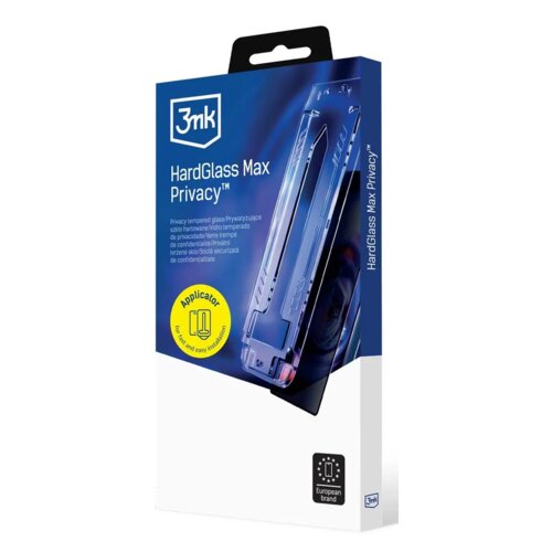 Opakowanie produktu "3mk HardGlass Max Privacy" z grafiką przedstawiającą szkło ochronne oraz napisami w kilku językach, w tym "Privacy tempered glass/Prywatyzujące szkło hartowane". Na opakowaniu znajduje się również żółta naklejka z napisem "Applicator"