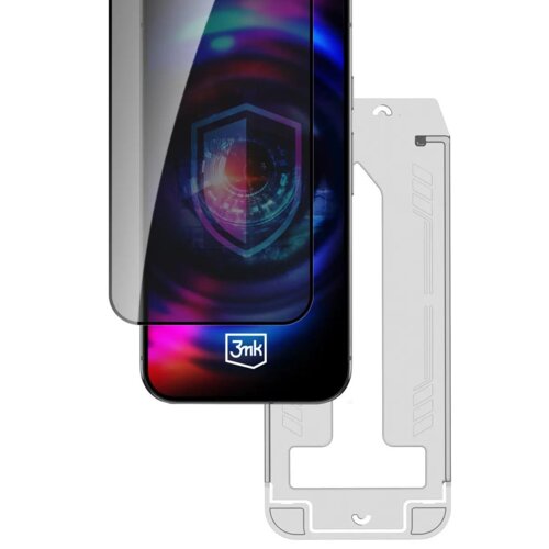 Na zdjęciu widoczne jest szkło ochronne na ekran telefonu z logo "3mk" na dole, a w tle znajduje się kolorowy, abstrakcyjny wzór z motywem tarczy. Obok szkła znajduje się szablon montażowy w jasnym kolorze.