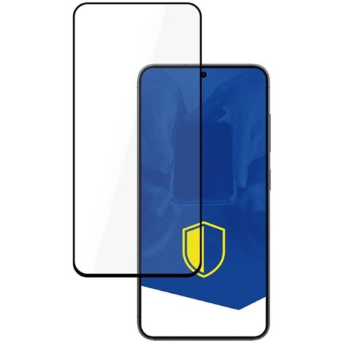 Na zdjęciu znajduje się szkło hartowane 3MK HardGlass Max, które jest umieszczone obok smartfona z niebieskim ekranem i żółtą tarczą. Produkt jest przeznaczony do modelu Samsung Galaxy S25 FE.