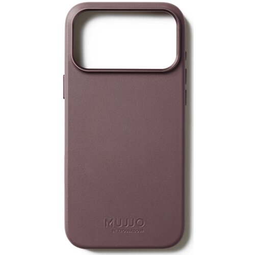 Brązowe etui wykonane z gładkiej skóry, z dużym wycięciem na aparat w górnej części. Na dole widoczne jest wytłoczone logo "MUJJO BY TROUBADOUR".