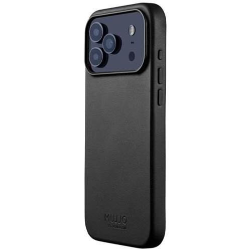 Czarne etui skórzane z wycięciem na aparat, posiada trzy przyciski boczne oraz logo "MUJJO" w dolnej części. Produkt jest przeznaczony do Apple iPhone 17 Pro Max i obsługuje technologię MagSafe.