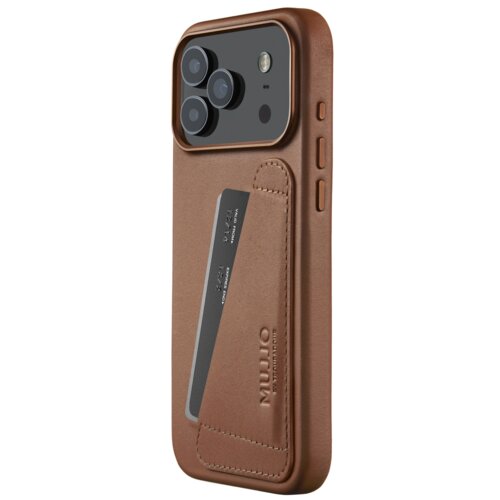 Brązowe etui skórzane z funkcją portfela, przeznaczone do Apple iPhone 17 Pro Max, z widocznym miejscem na kartę oraz wytłoczonym napisem "MUJJO". Na etui znajdują się przyciski oraz wycięcia na aparat i inne elementy telefonu.