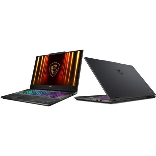 Na zdjęciu widoczny jest laptop z kolorową klawiaturą i ekranem wyświetlającym logo smoka na tle pionowych, pomarańczowych linii. Obok znajduje się zamknięty laptop z widocznym logo smoka na obudowie.