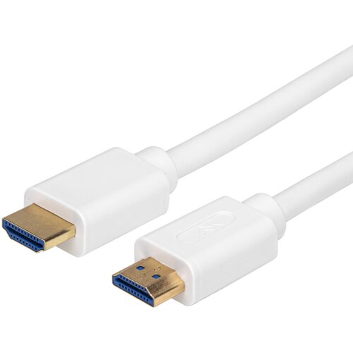 Biały kabel HDMI o długości 1 metra z dwoma złączami HDMI, z widocznymi złotymi końcówkami i niebieskim wnętrzem. Na jednym z wtyków znajduje się wytłoczone logo HDMI.