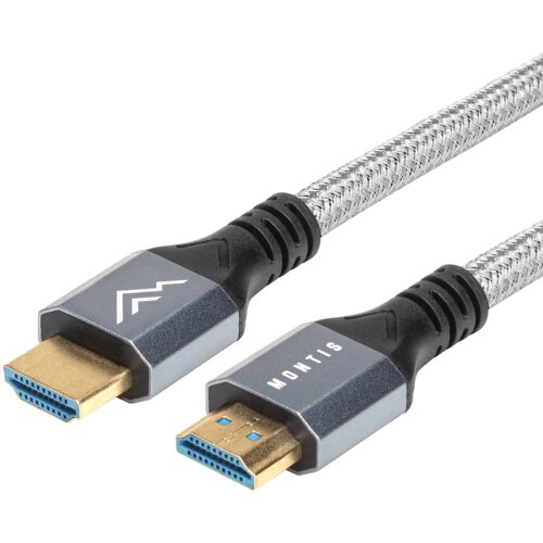 Na zdjęciu widoczny jest kabel HDMI z plecionym oplotem, zakończony dwoma wtykami HDMI w metalicznych obudowach. Na jednym z wtyków znajduje się napis "MONTIS".
